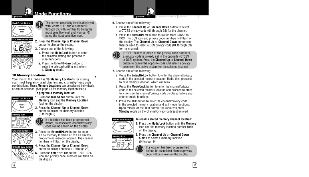 Cobra Electronics CXT450 Memory Locations, To program a memory location, To recall a stored memory channel location 