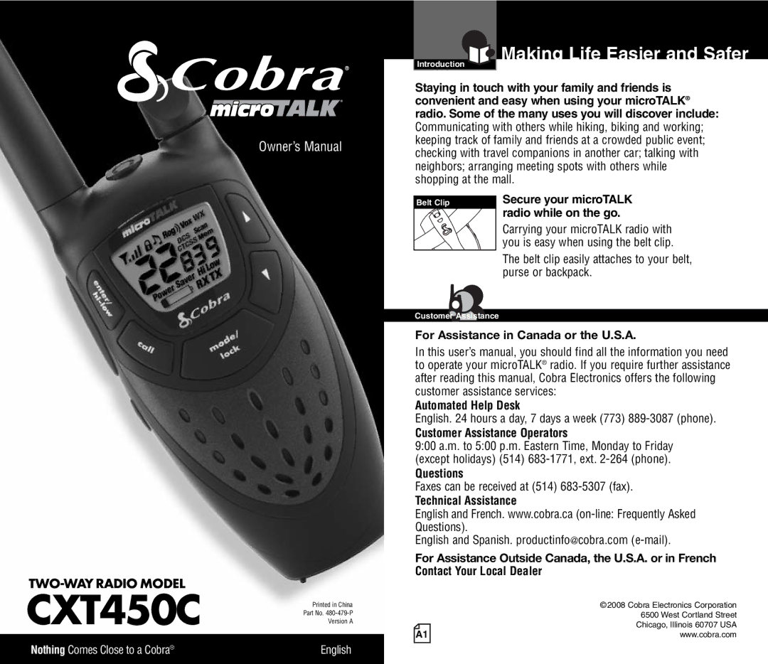 Cobra Electronics CXT450C owner manual Making Life Easier and Safer 