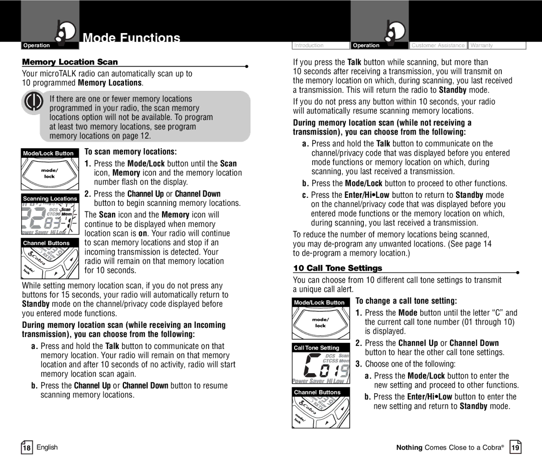 Cobra Electronics CXT450C owner manual Memory Location Scan, To scan memory locations, Call Tone Settings 