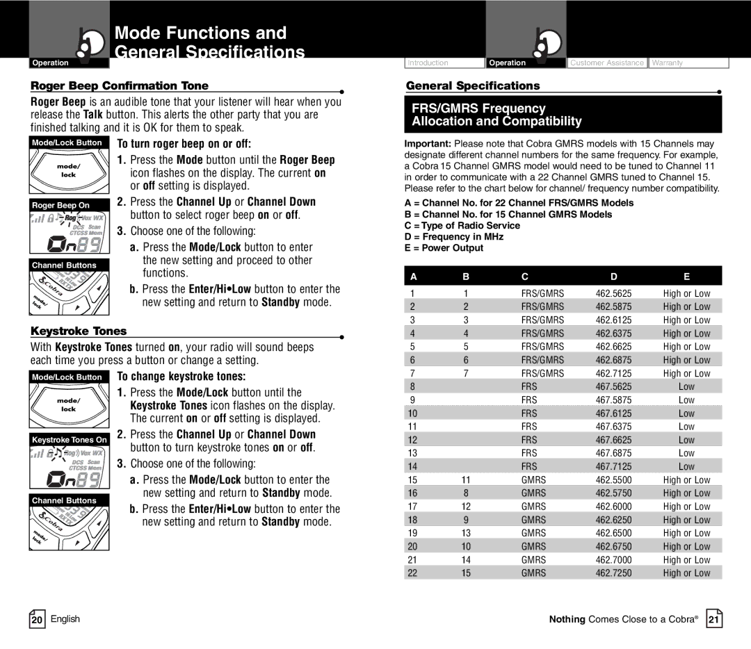 Cobra Electronics CXT450C Mode Functions General Specifications, To turn roger beep on or off, To change keystroke tones 