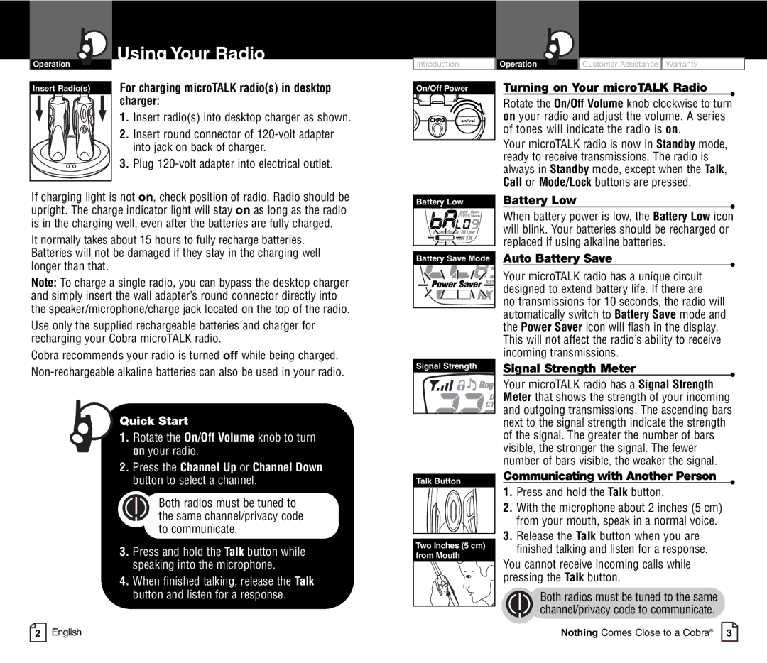 Cobra Electronics CXT450C owner manual Using Your Radio, For charging microTALK radios in desktop charger 