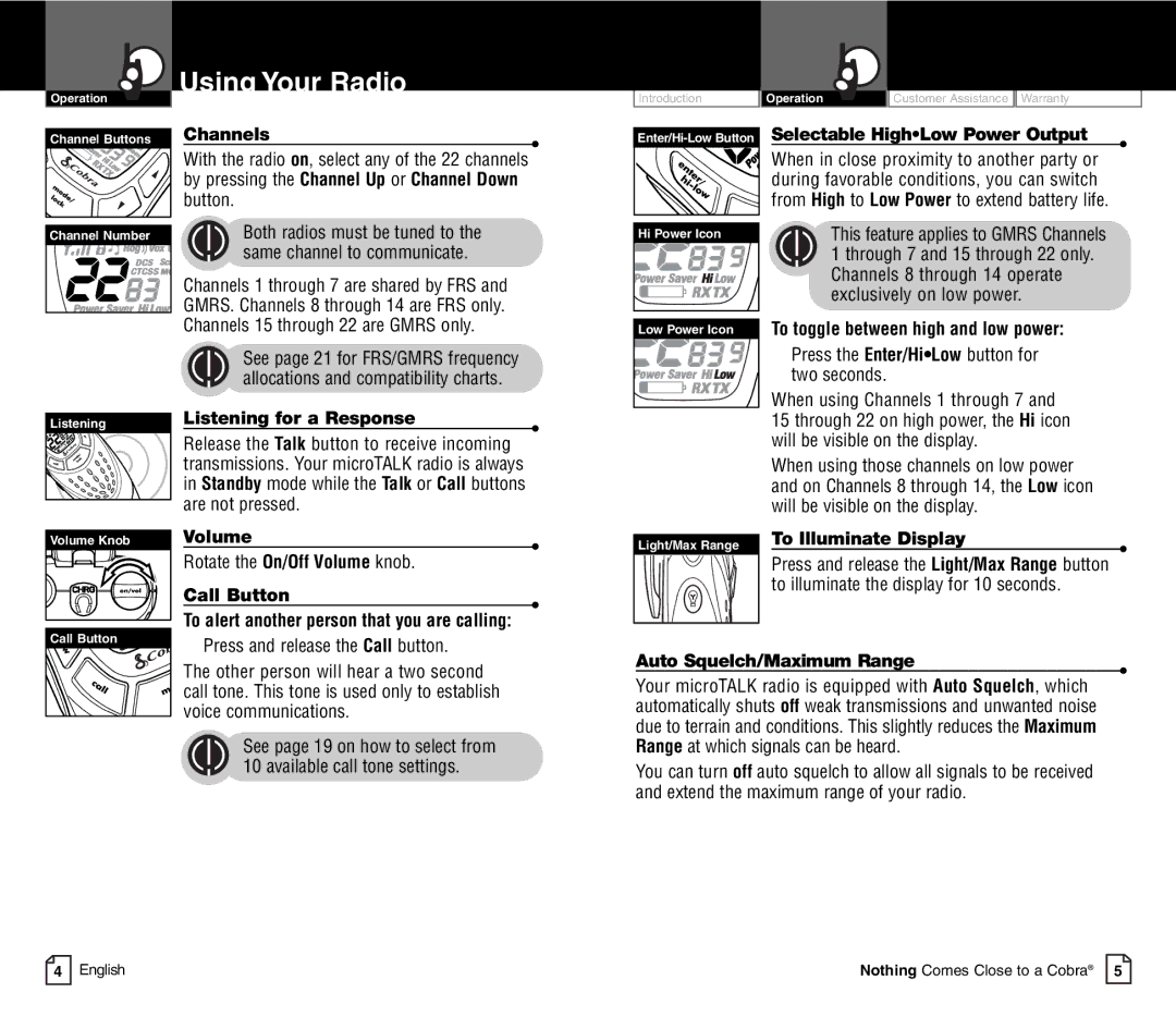 Cobra Electronics CXT450C owner manual Selectable HighLow Power Output, Listening for a Response, Volume, Call Button 