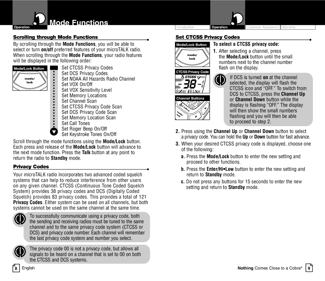 Cobra Electronics CXT450C owner manual Scrolling through Mode Functions, Set Ctcss Privacy Codes 