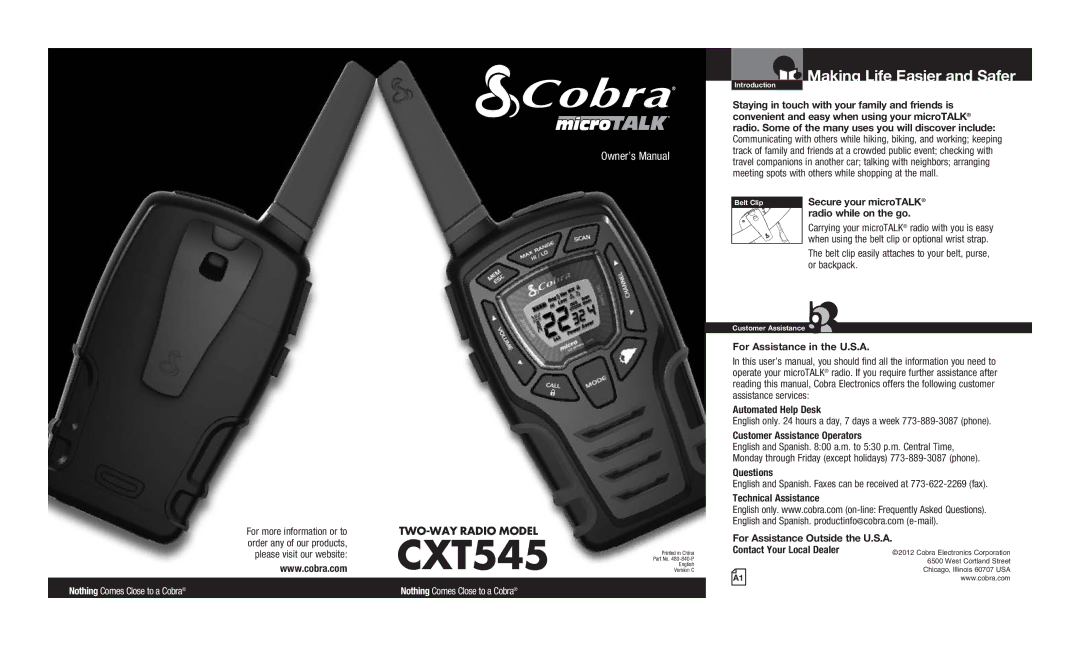 Cobra Electronics CXT545 owner manual Making Life Easier and Safer, Radio while on the go, For Assistance in the U.S.A 