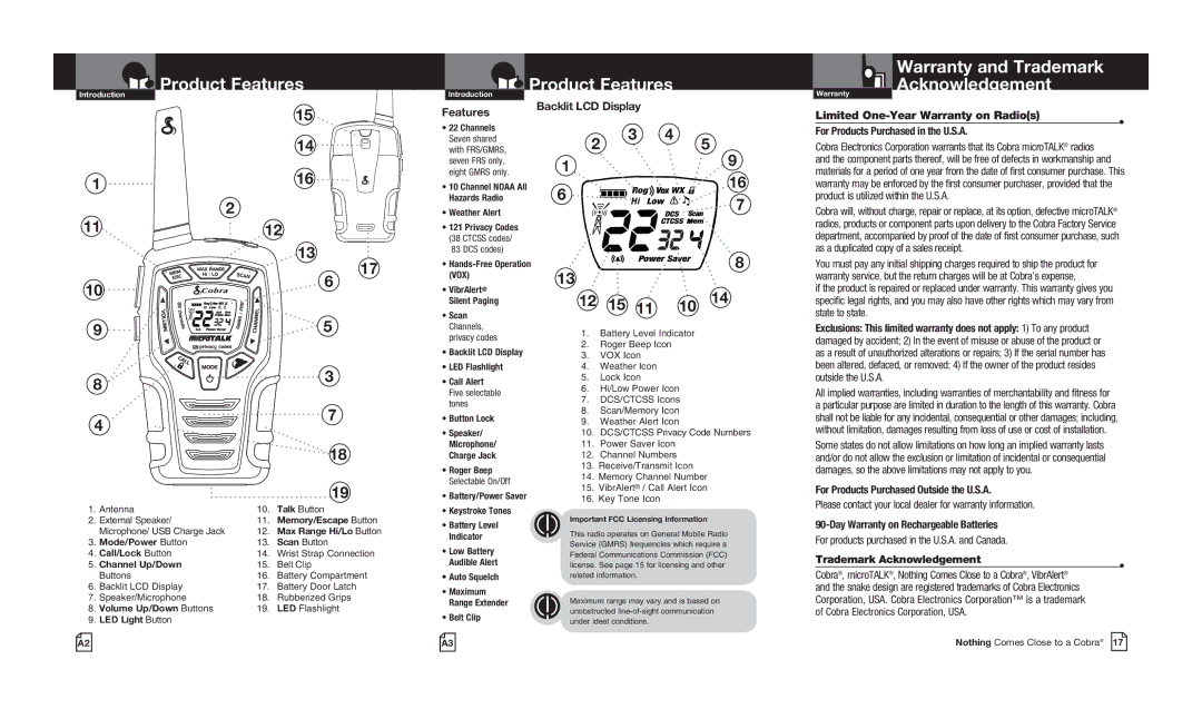 Cobra Electronics CXT545 Product Features, Warranty and Trademark, Acknowledgement, Features Backlit LCD Display 