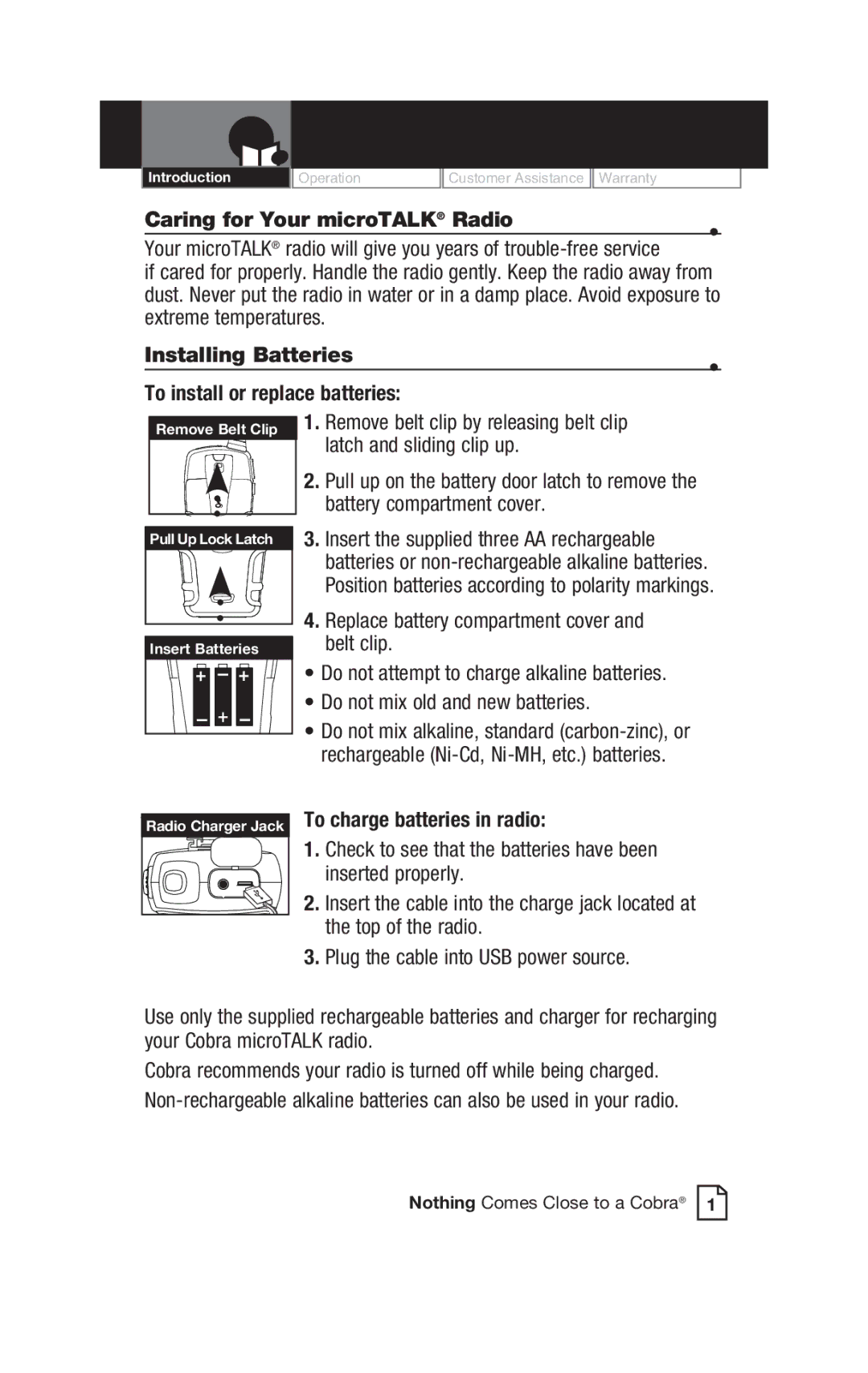 Cobra Electronics CXT545 Caring for Your microTALK Radio, Installing Batteries, To install or replace batteries 