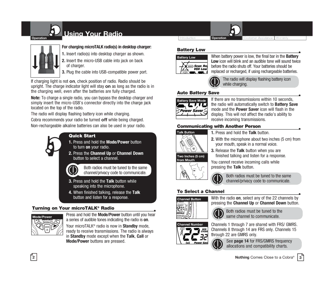 Cobra Electronics CXT545 owner manual Using Your Radio, Quick Start 