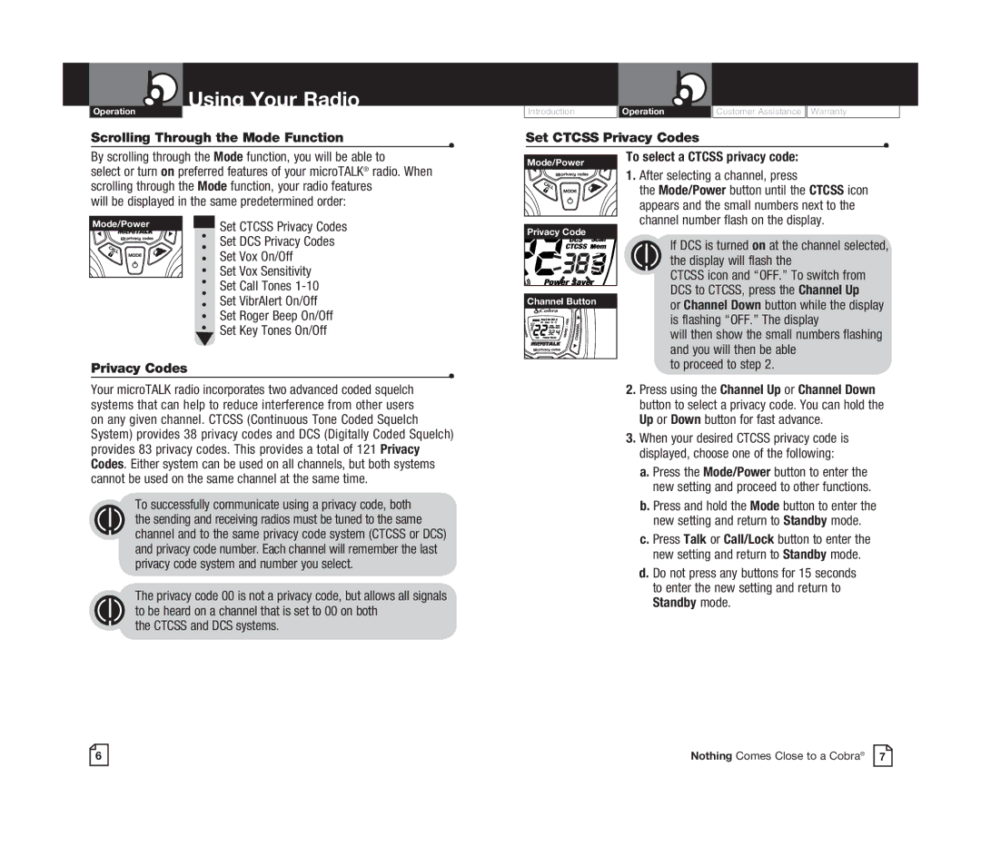 Cobra Electronics CXT545 Scrolling Through the Mode Function, Set Ctcss Privacy Codes, Is flashing OFF. The display 
