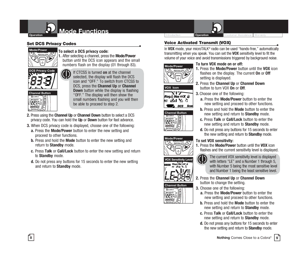 Cobra Electronics CXT545 owner manual Mode Functions, Set DCS Privacy Codes 