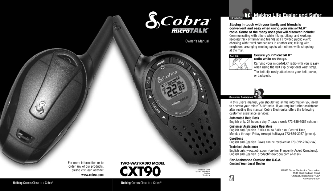 Cobra Electronics CXT90 owner manual Making Life Easier and Safer, Automated Help Desk, Customer Assistance Operators 