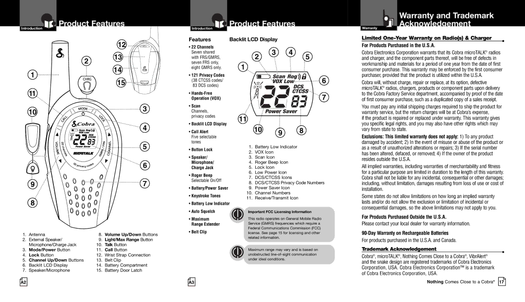 Cobra Electronics CXT90 owner manual Warranty and Trademark Product Features, Acknowledgement 