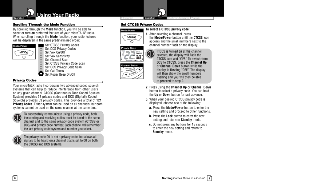 Cobra Electronics CXT90 Scrolling Through the Mode Function, Set Ctcss Privacy Codes, To select a Ctcss privacy code 