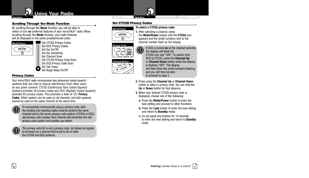 Cobra Electronics CXT94 owner manual Scrolling Through the Mode Function, Set Ctcss Privacy Codes 