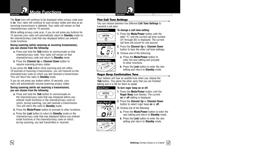 Cobra Electronics CXT95 owner manual Five Call Tone Settings, To change a call tone setting, Roger Beep Confirmation Tone 