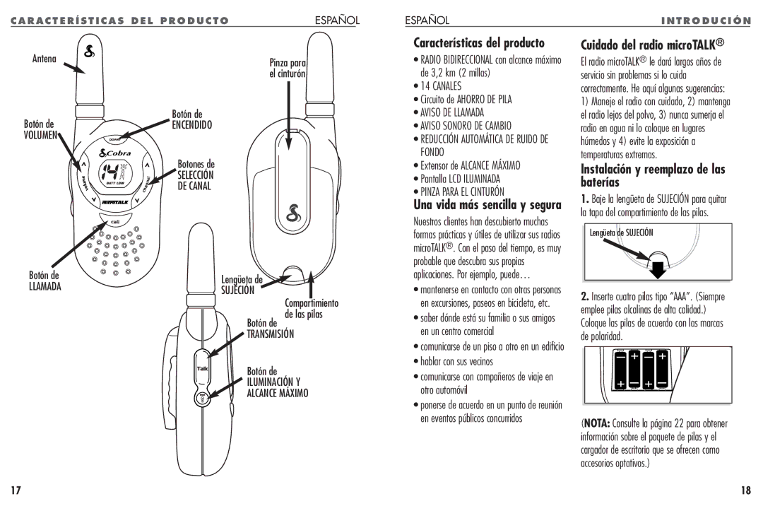 Cobra Electronics FRS 104 operating instructions Características del producto Cuidado del radio microTALK 