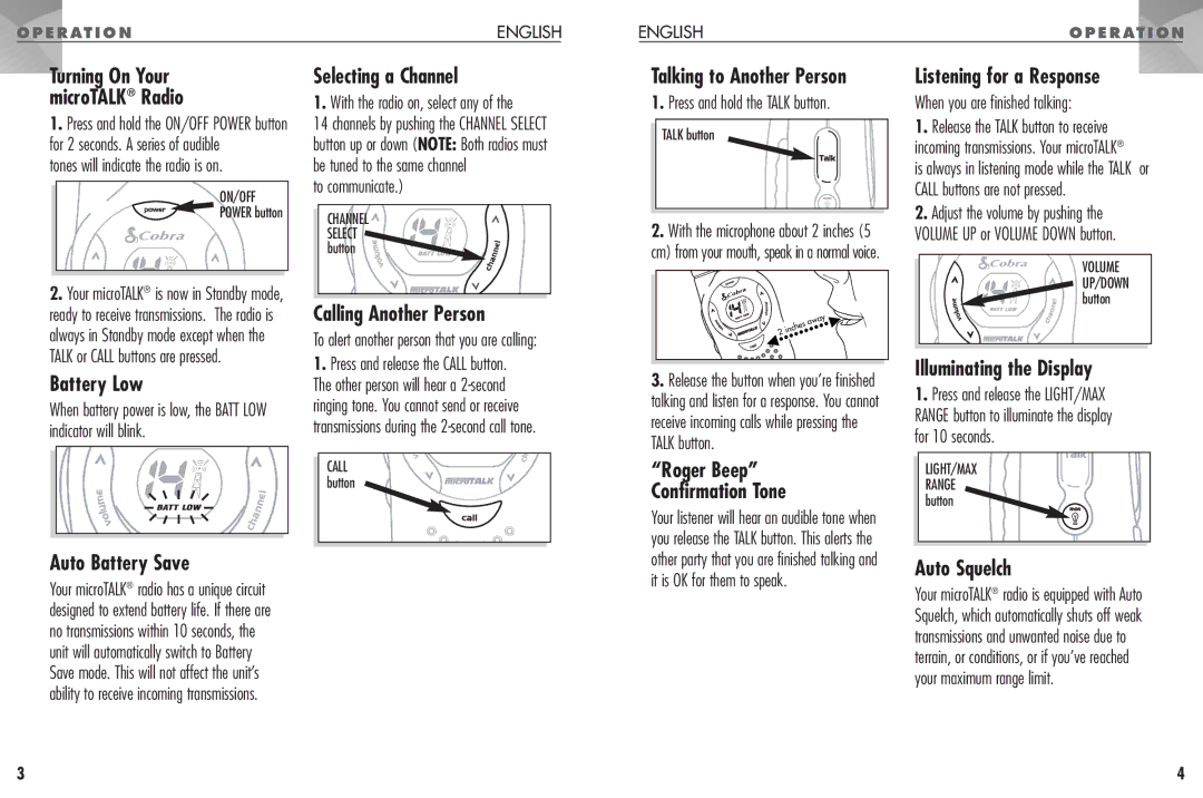 Cobra Electronics FRS 104 MicroTALK Radio, Battery Low, Calling Another Person, Illuminating the Display, Auto Squelch 