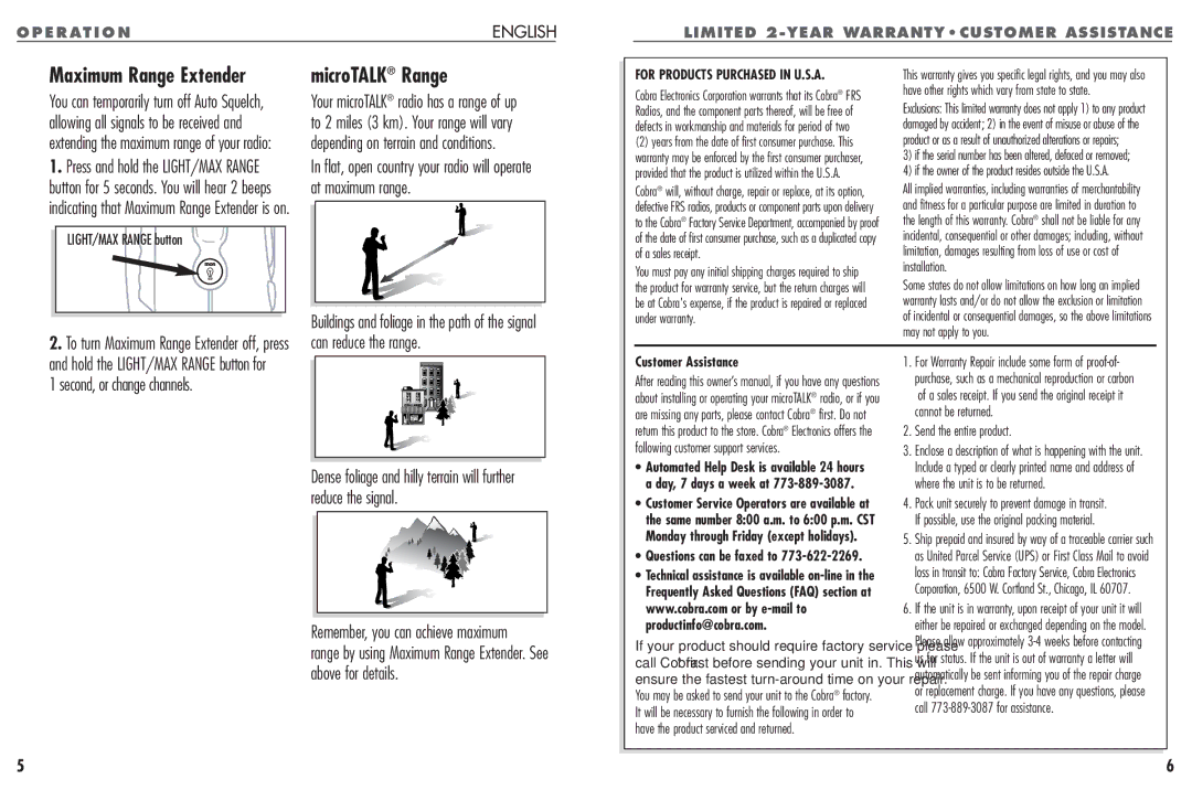 Cobra Electronics FRS 104 operating instructions MicroTALK Range, Maximum Range Extender, Second, or change channels 