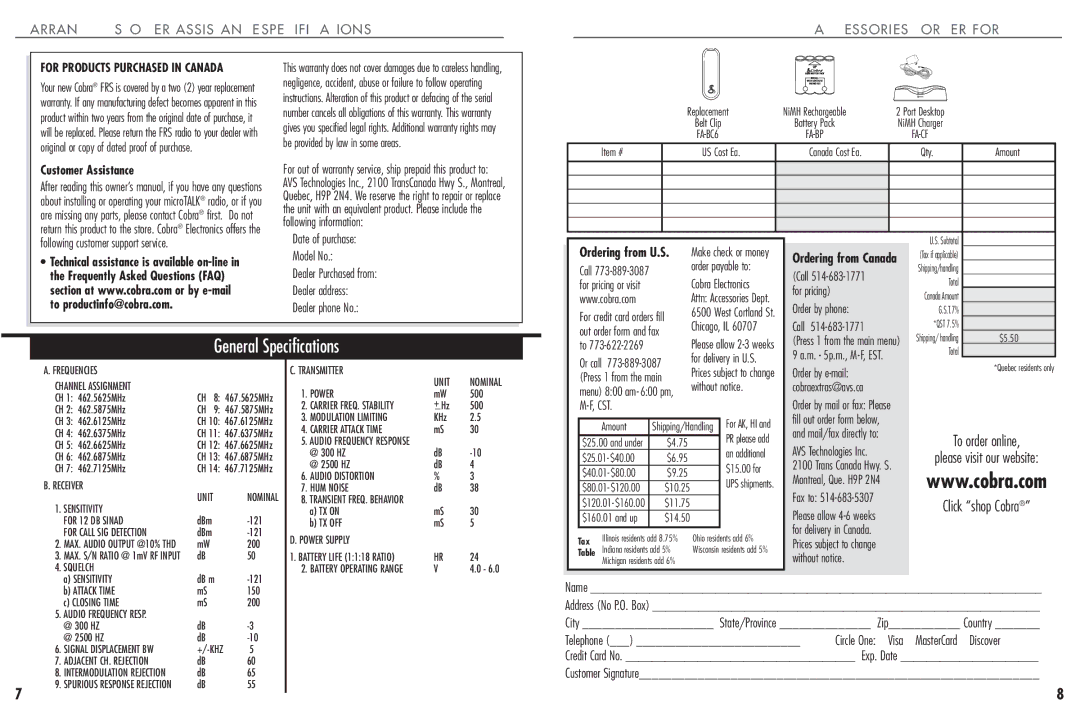 Cobra Electronics FRS 104 operating instructions General Specifications, To productinfo@cobra.com 