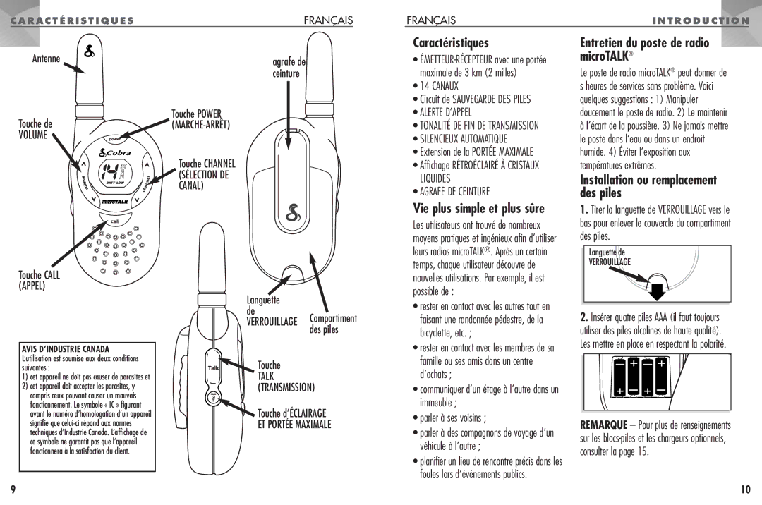 Cobra Electronics FRS 104 Caractéristiques, Entretien du poste de radio microTALK, Vie plus simple et plus sûre 