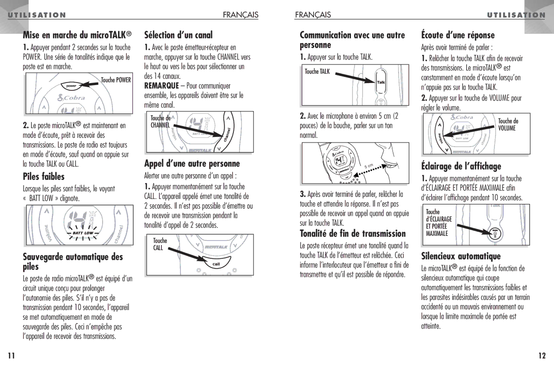 Cobra Electronics FRS 104 Écoute d’une réponse, Personne, Piles faibles, Sauvegarde automatique des piles 