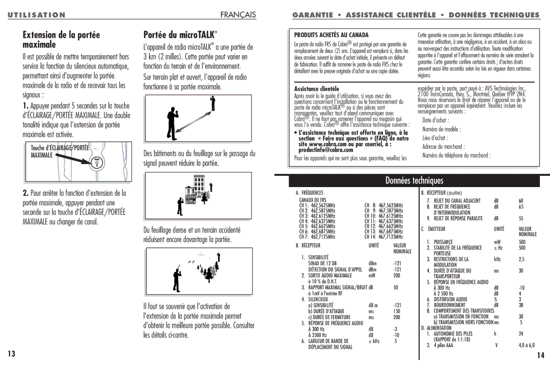 Cobra Electronics FRS 104 Extension de la portée maximale, Portée du microTALK, Données techniques, Assistance clientèle 