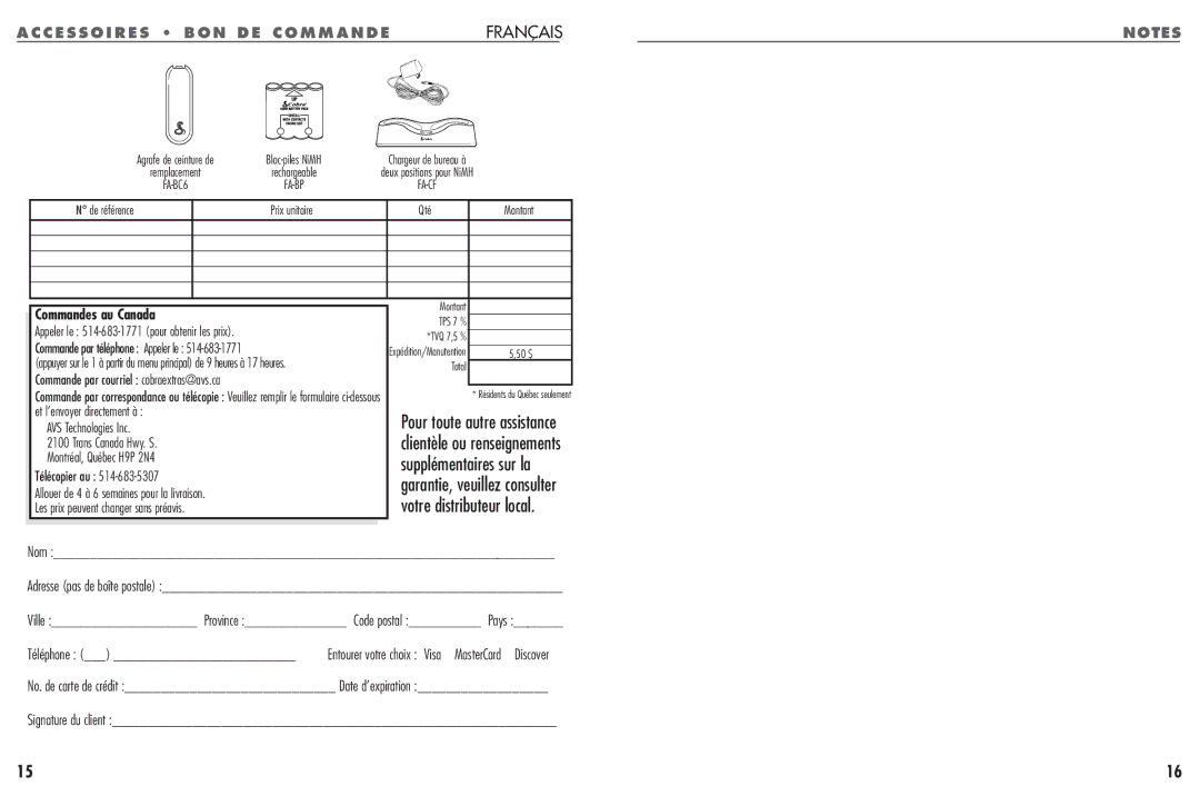 Cobra Electronics FRS 104 operating instructions Supplémentaires sur la, Votre distributeur local, Commandes au Canada 