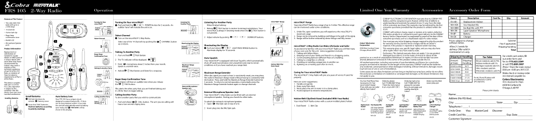 Cobra Electronics FRS 105 warranty Turning On Your microTALK, Select Channel, Listening For Another Party, Qty Amount 