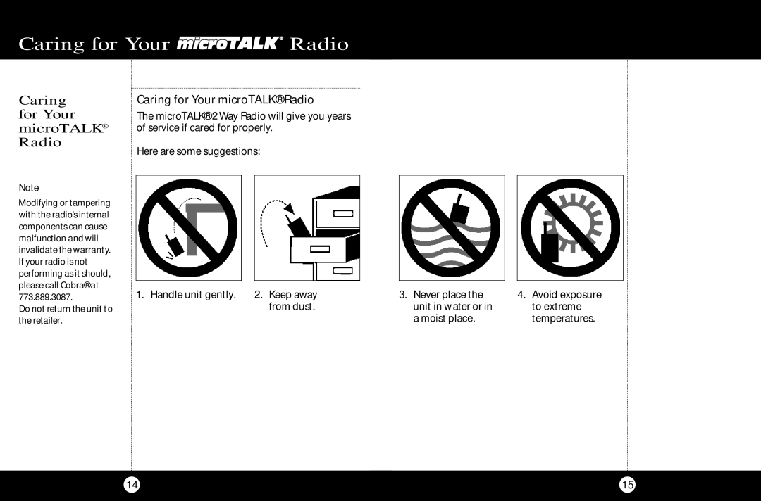 Cobra Electronics FRS 110 operating instructions Caring for Your microTAL Radio, Caring for Your microTALK Radio 