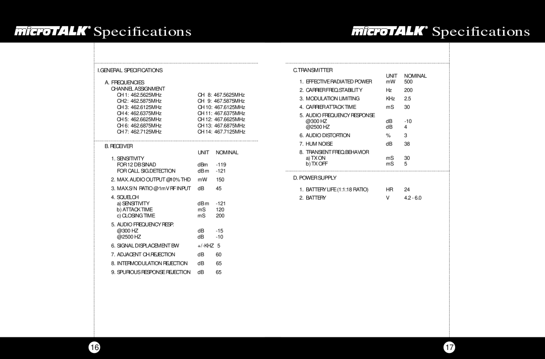 Cobra Electronics FRS 110 operating instructions General Specifications 