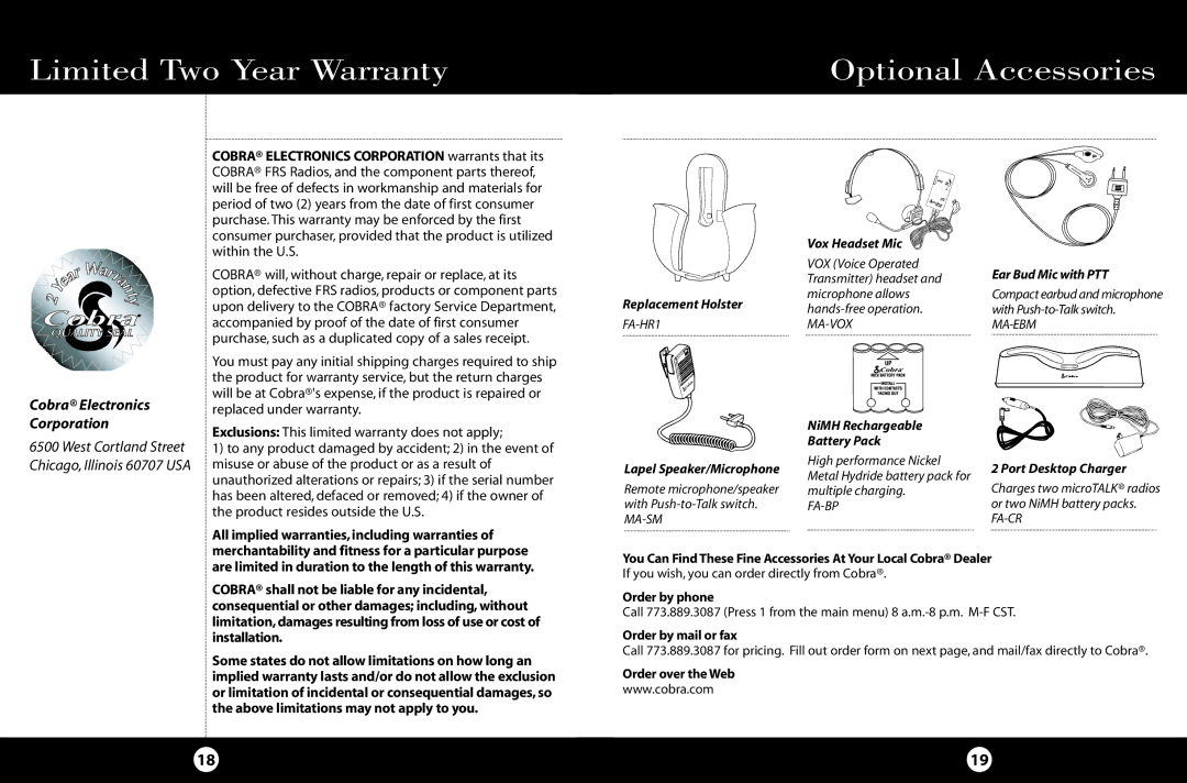 Cobra Electronics FRS 110 Limited Two Year Warranty Optional Accessories, Cobra Electronics Corporation 