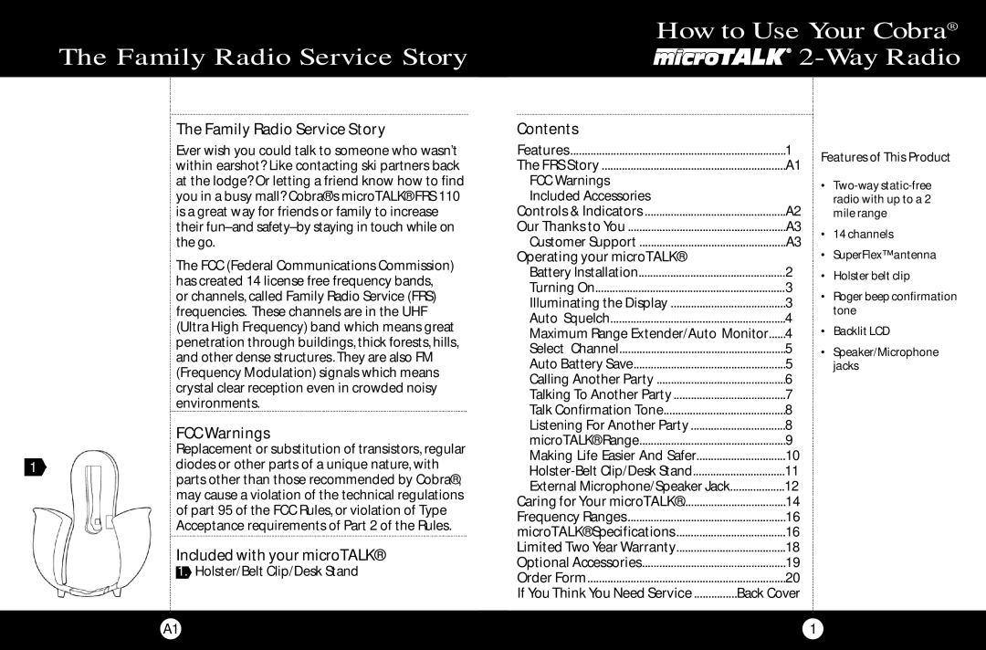 Cobra Electronics FRS 110 Family Radio Service Story, FCC Warnings, Included with your microTALK, Contents 