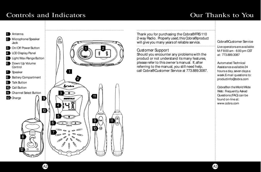 Cobra Electronics FRS 110 Controls and Indicators Our Thanks to You, Customer Support, Cobra Customer Service 