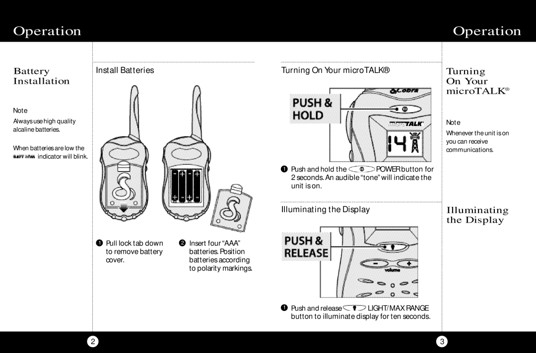 Cobra Electronics FRS 110 operating instructions Operation 