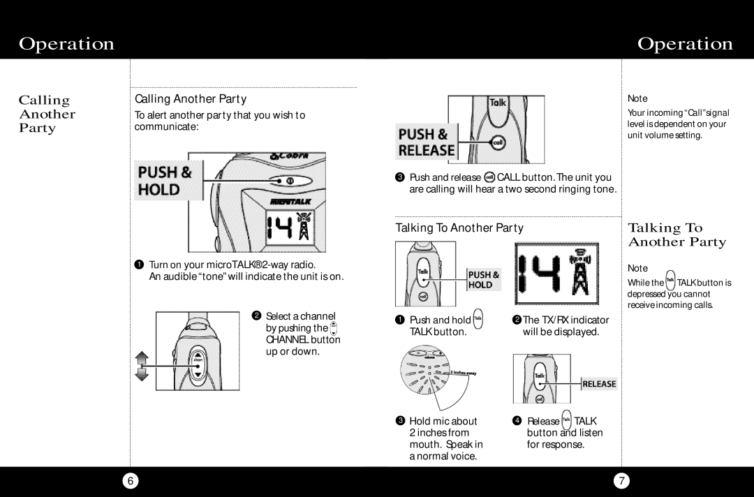 Cobra Electronics FRS 110 operating instructions Calling Another Party 