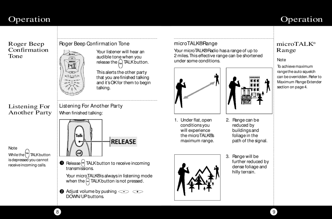 Cobra Electronics FRS 110 operating instructions Roger Beep Confirmation Tone, MicroTALK Range, Listening For Another Party 