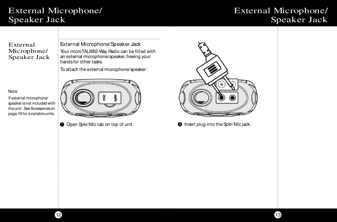 Cobra Electronics FRS 110 operating instructions External Microphone Speaker Jack, External Microphone/Speaker Jack 