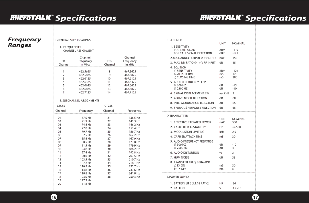 Cobra Electronics FRS 220 operating instructions Specifications, Frequency Ranges 