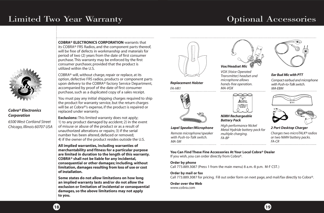 Cobra Electronics FRS 220 Limited Two Year Warranty Optional Accessories, Cobra Electronics, Corporation 