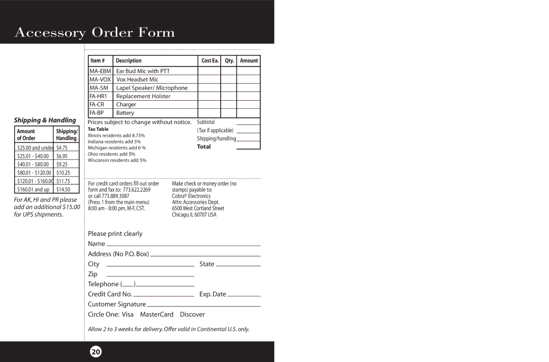 Cobra Electronics FRS 220 operating instructions Accessory Order Form, Shipping & Handling 