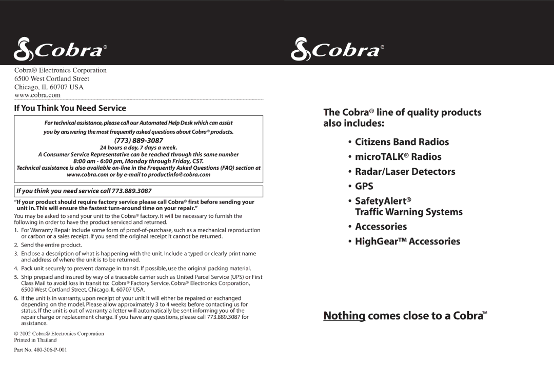 Cobra Electronics FRS 220 operating instructions If You Think You Need Service, 773 