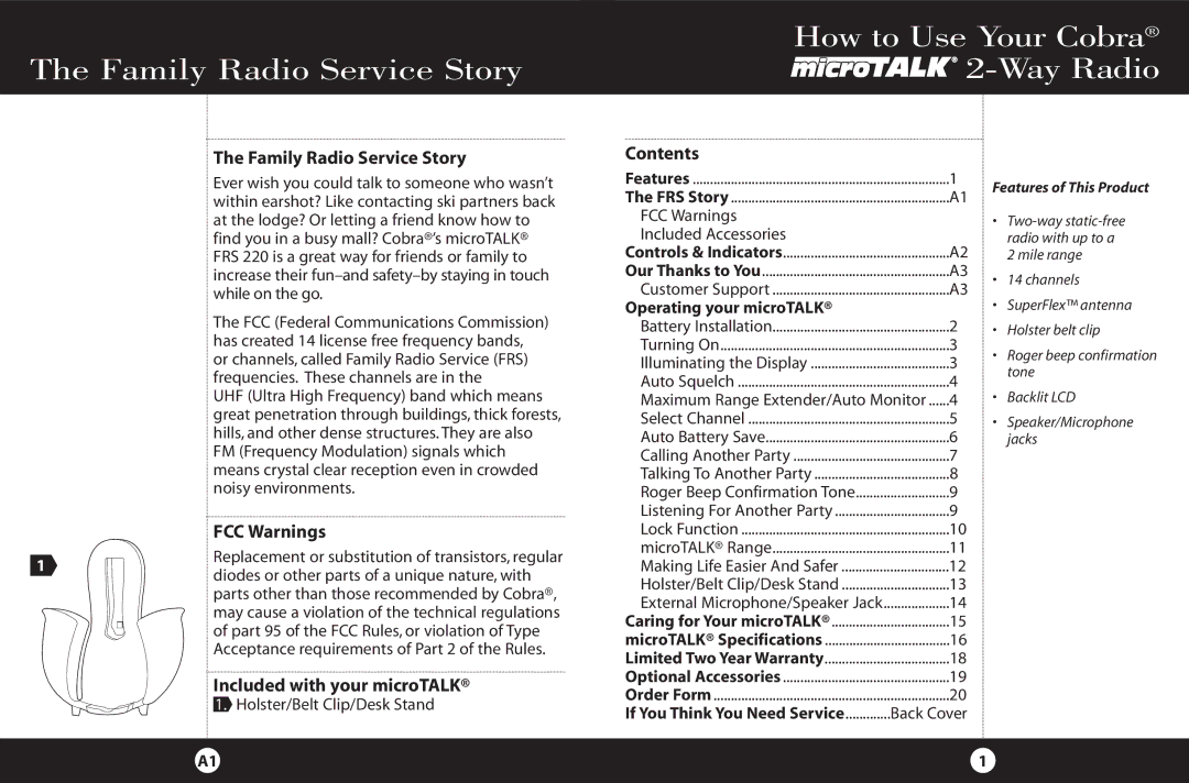 Cobra Electronics FRS 220 Family Radio Service Story, FCC Warnings, Included with your microTALK, Contents 