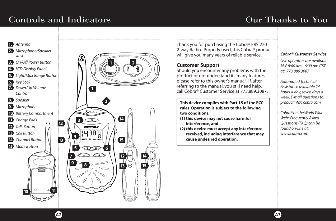 Cobra Electronics FRS 220 Controls and Indicators Our Thanks to You, Customer Support, Cobra Customer Service 