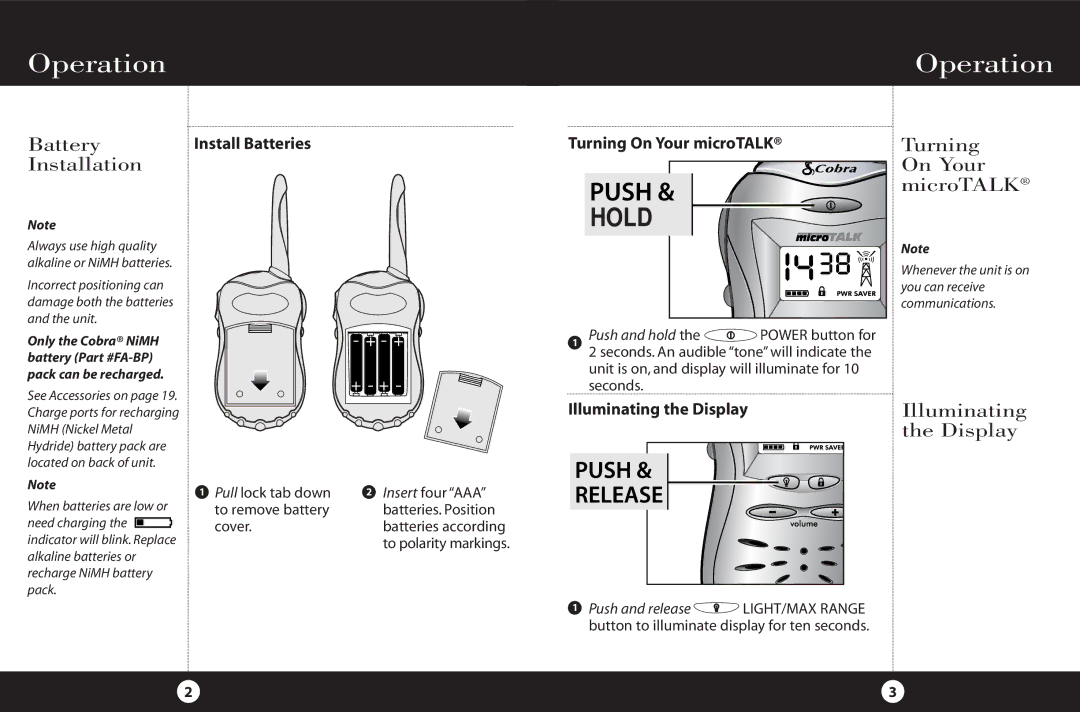 Cobra Electronics FRS 220 Operation, Battery Installation, Turning On Your microTALK, Illuminating the Display 