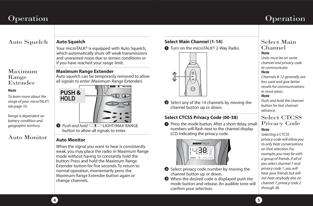 Cobra Electronics FRS 220 operating instructions Auto Squelch Maximum Range Extender, Auto Monitor, Select Main Channel 