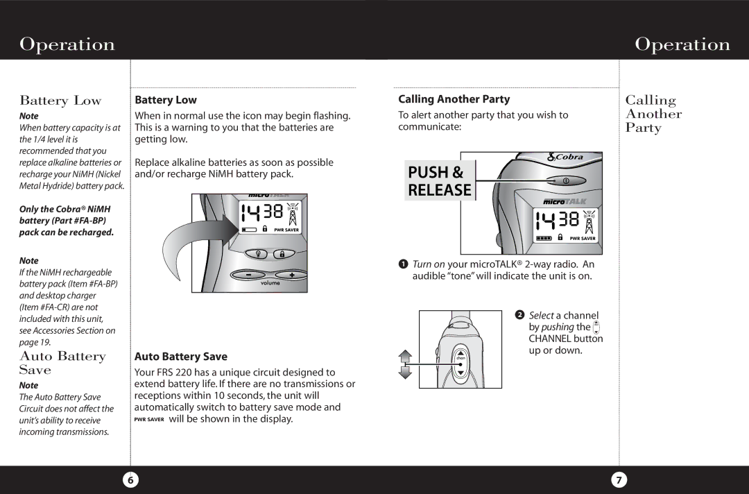 Cobra Electronics FRS 220 operating instructions Battery Low, Auto Battery Save, Calling, Another, Party 