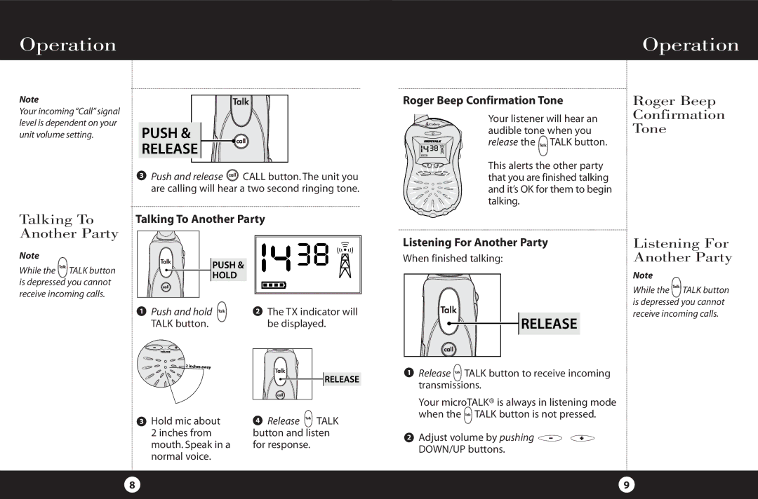 Cobra Electronics FRS 220 operating instructions Talking To, Roger Beep Confirmation Tone, Listening For Another Party 