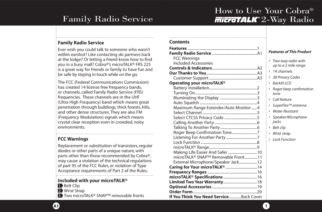 Cobra Electronics FRS 225 Family Radio Service How to Use Your Cobra 2-Way Radio, FCC Warnings, Contents 