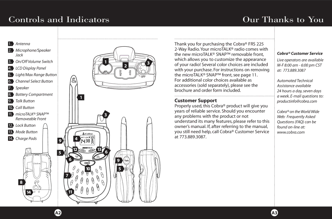 Cobra Electronics FRS 225 Controls and Indicators Our Thanks to You, Customer Support, Cobra Customer Service 