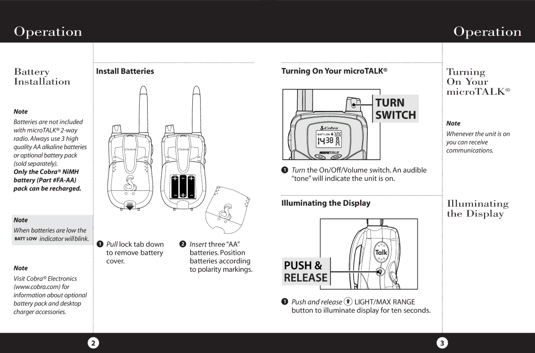 Cobra Electronics FRS 225 Operation, Battery, Installation, Turning On Your microTALK, Illuminating the Display 