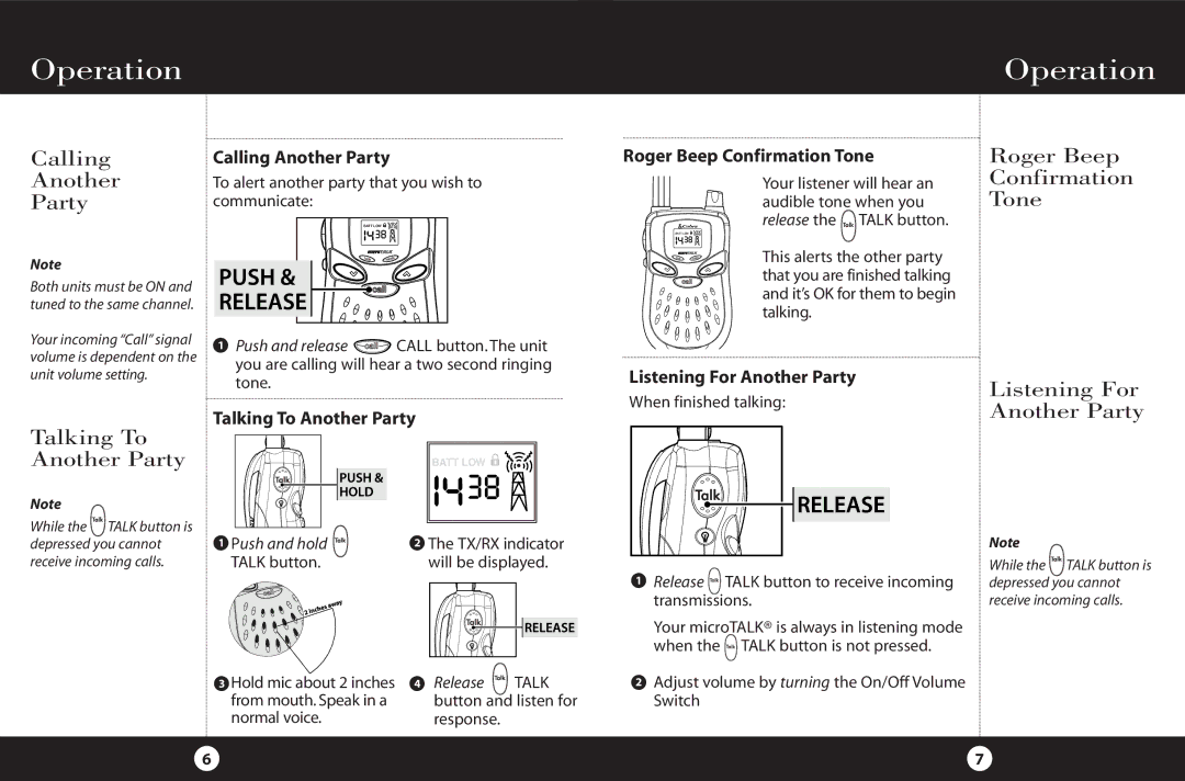 Cobra Electronics FRS 225 Calling, Roger Beep Another Party, Confirmation Tone, Talking To Another Party, Listening For 